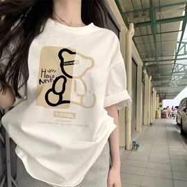 2025夏季新款纯棉短袖女 落肩半袖印花T恤宽松情侣装T恤上衣批发
