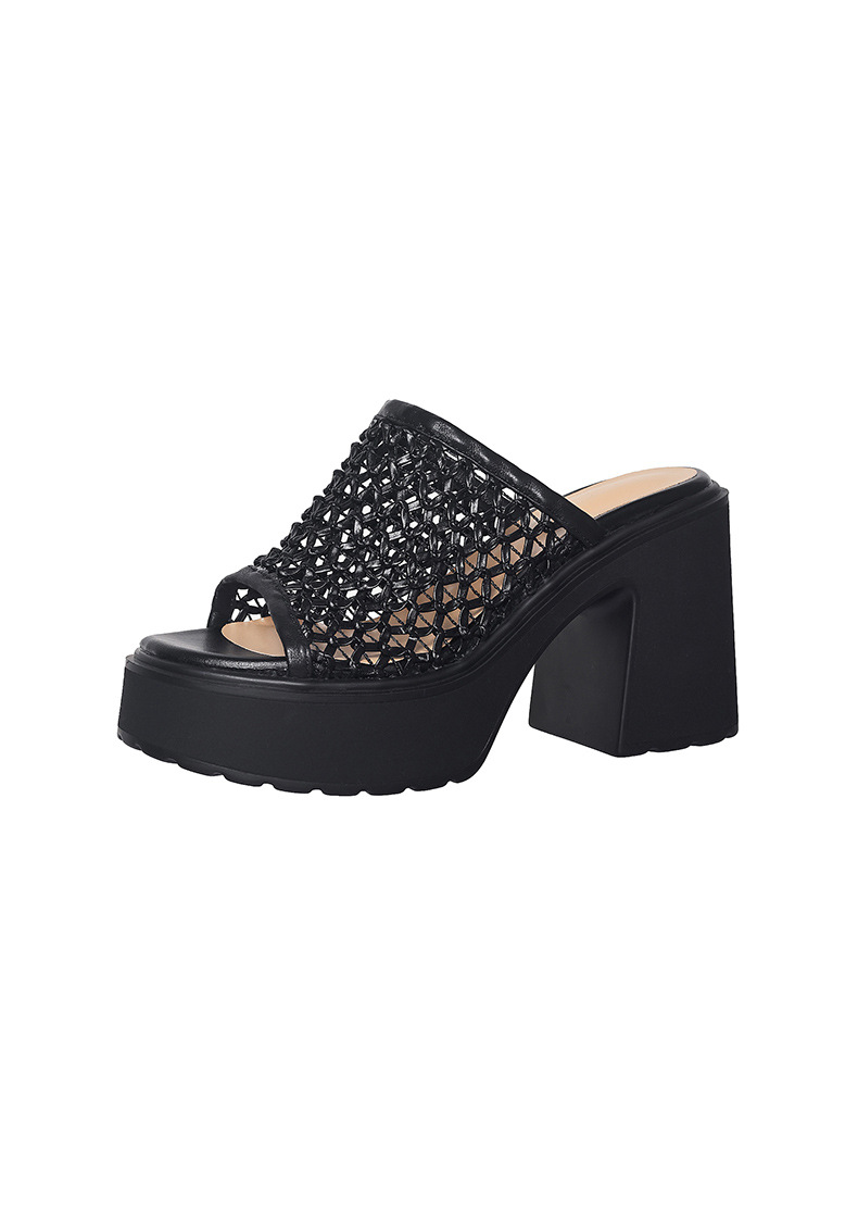 Sandal cao gót nữ hở mũi đế xuồng gót 10 cm quai ngang bện — màu đen, bạc chi tiết 18