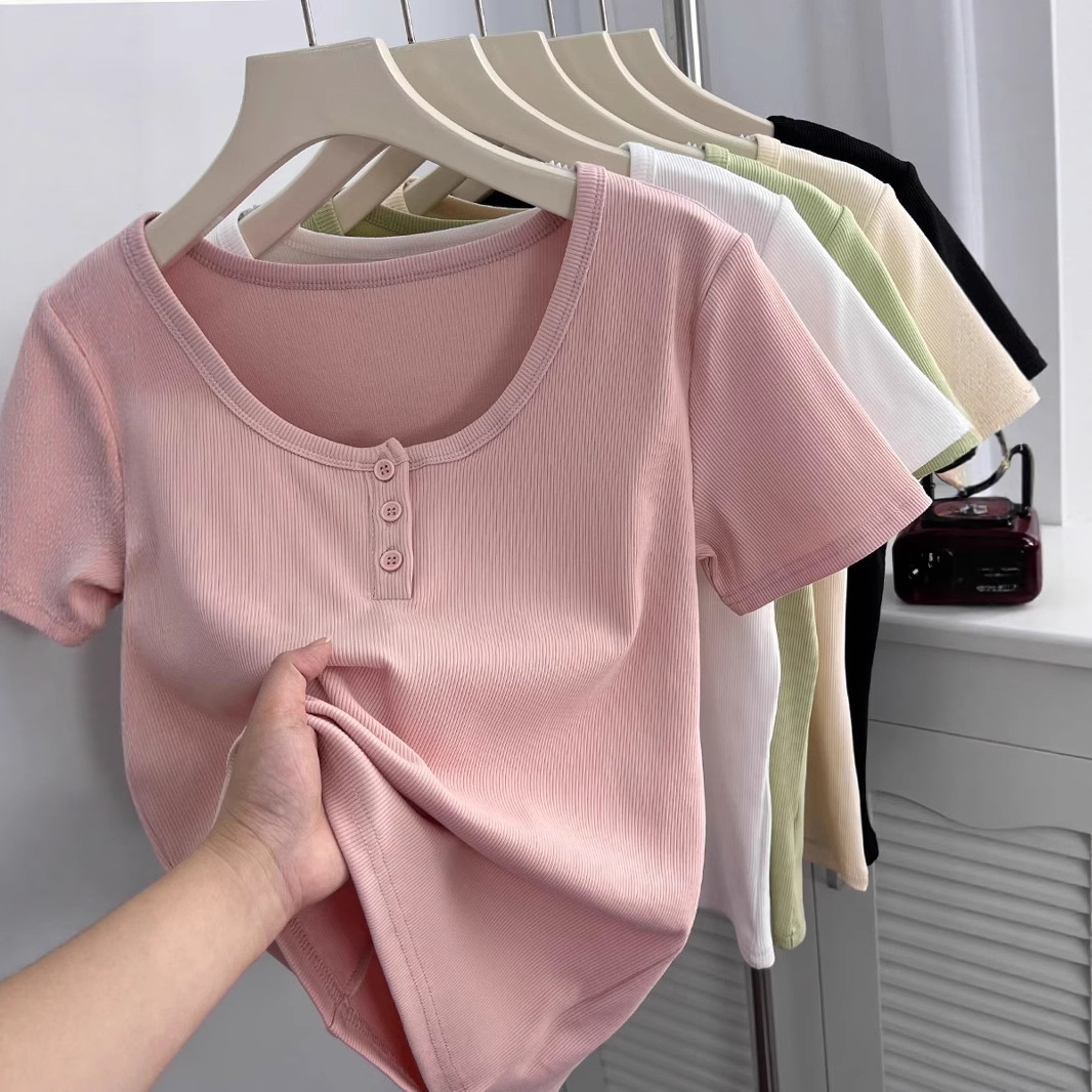 U-collar Clavicle Slim-fit Shoulder Short-sleeved T-shirt Women's Summer Button Design Sense Short Pure Thread Cotton Top for Small Women