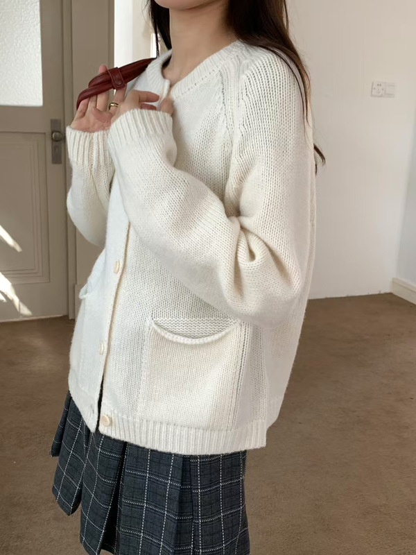 毛衣宽松慵懒女圆领纯色百搭宽松韩系卷边口袋毛衣针织开衫A7024|undefined