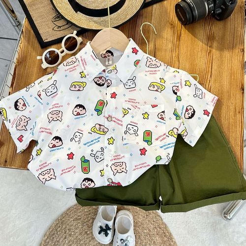 Summer refreshing and casual new 2024 children's shirt Crayon Shin-chan trendy and handsome printed short-sleeved boys' shirt