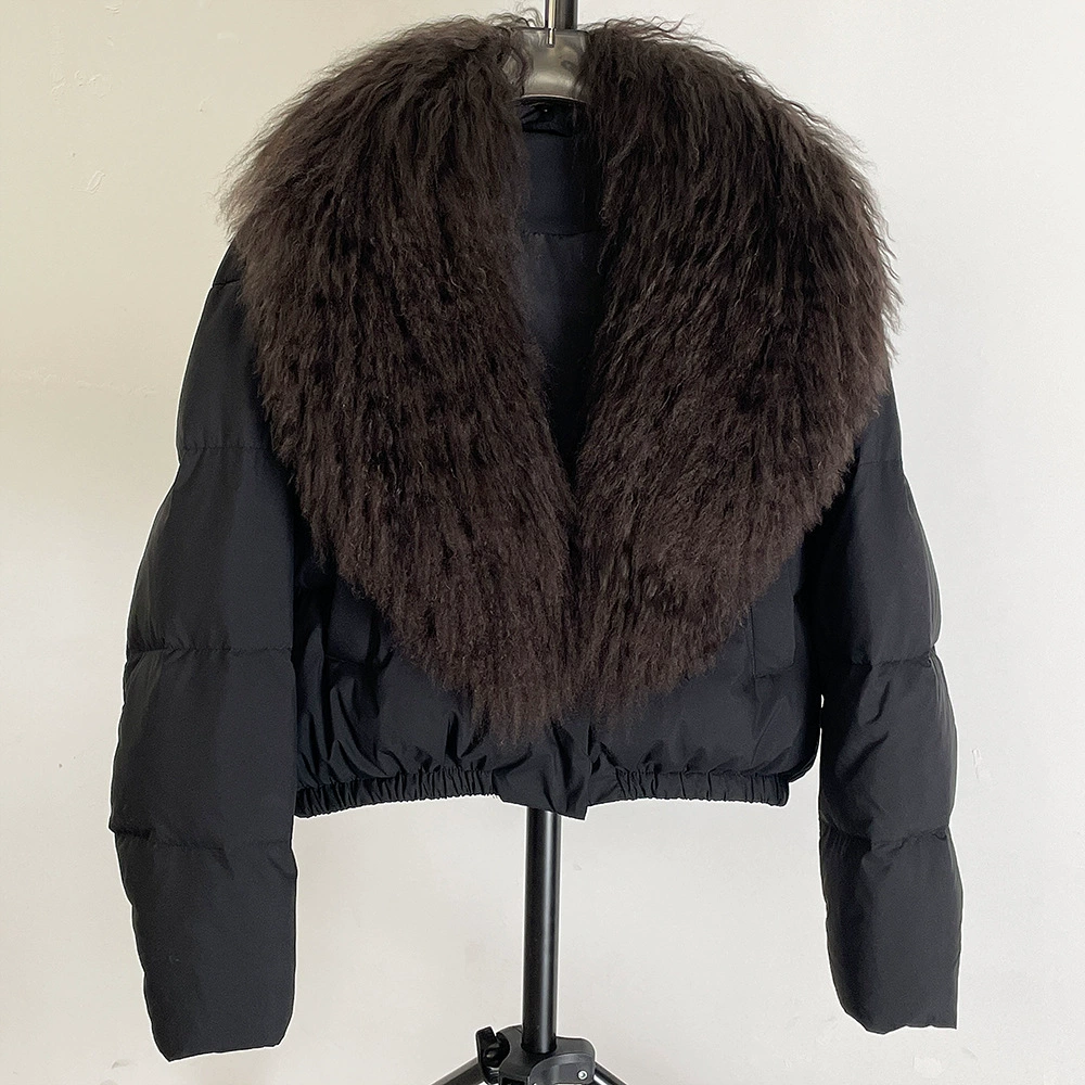 Down jacket Elite, velvet‑woolen shell, white duck down fill, detachable lamb‑wool collar