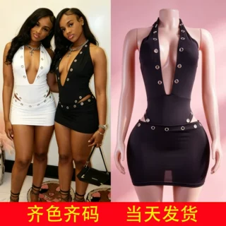 MH1011欧美跨境女装性感深V镂空金属挂脖上衣包臀短裙套装