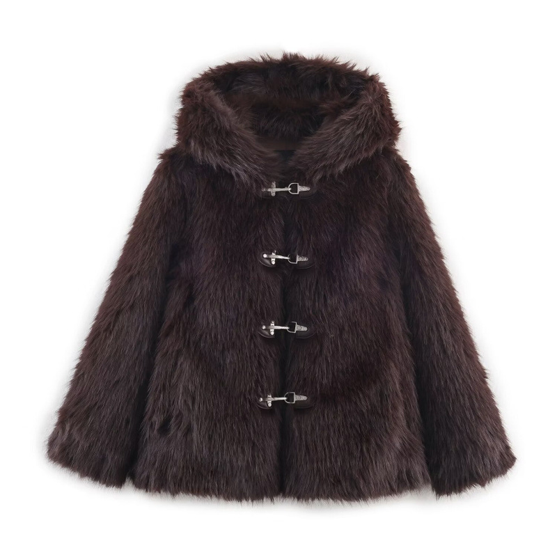 Za Cross-Border Export Fashion Women's Clothing 2025 Autumn and Winter European and American Style Hooded Long-Sleeved Artificial Fur Jacket Coat
