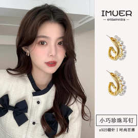 耳环批发爆款STK亚马逊C型跨境小香风不规则珍珠爆款网红925银针