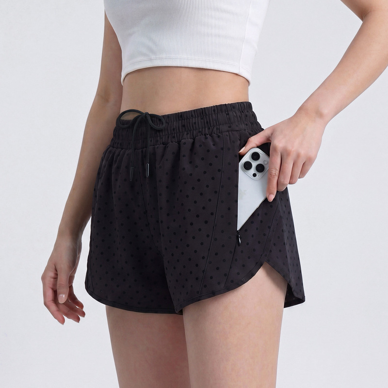 New Black Polka Dot Women's Shorts with Anti-Exposure Design, Quick-Dry Sports Shorts with Drawstring, 4inch Running Yoga Pants New Black Polka Dot Women's Shorts with Anti-Exposure Design, Quick-Dry Sports Shorts with Drawstring, 4inch Running Yoga Pants