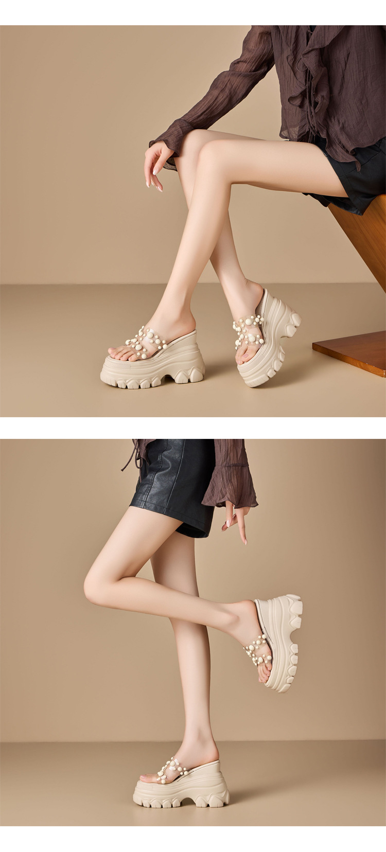 Dép sandal cao gót nữ đế trong suốt gót 12 cm quai ngang đính ngọc trai — màu đen, màu hồng, màu trắng ngà chi tiết 6
