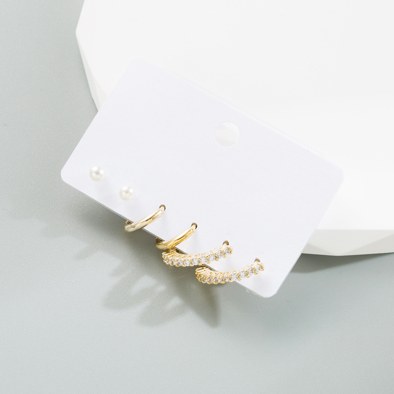 Fashion Round Copper Plating Inlay Pearl Zircon Hoop Earrings 6 Pieces