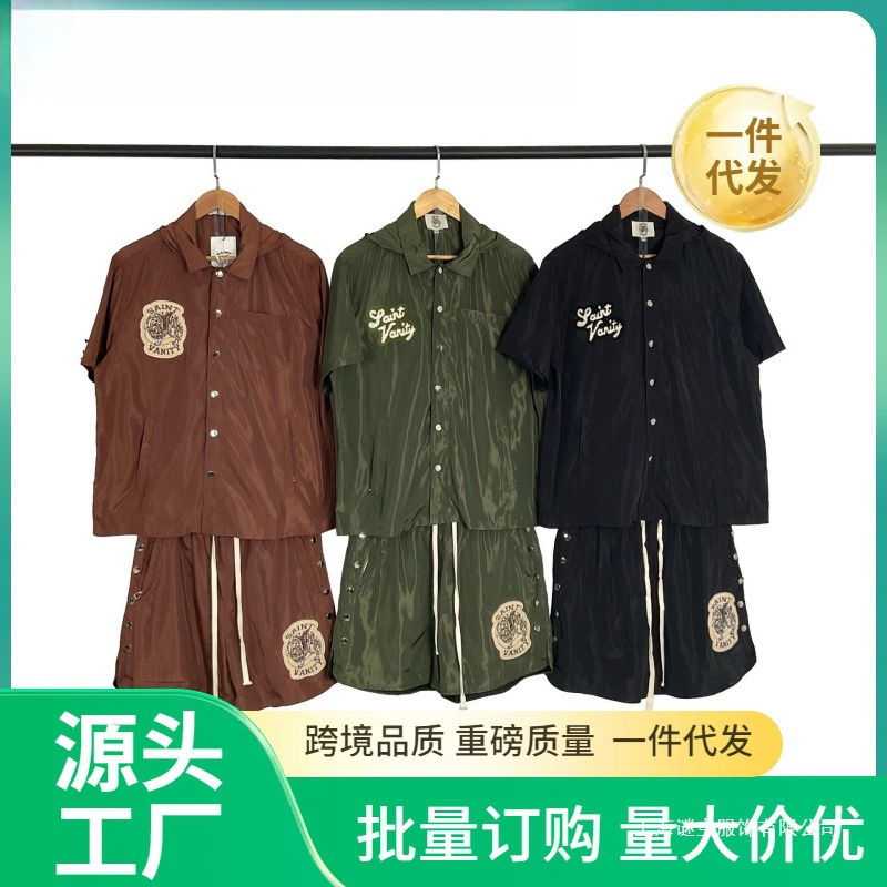 Cross-border European and American style letter-embroidered hooded short-sleeve shirt and casual shorts set for men and women, featuring black shorts