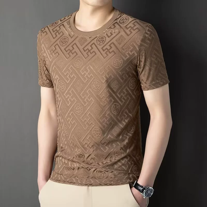 Источник производителя 2025 новая футболка из ледяного шелка с короткими рукавами Лето 3D трехмерный жаккардовый мужской быстрый сухой дышащий топ мужской