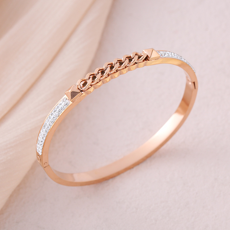 Solid Color Pattern Casual Simple Style Solid Color Stainless Steel Plating Chain Inlay Rhinestones Bangle