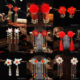 儿童新年发饰女童头饰过年红色发卡汉服对夹子中国风公主流苏发夹