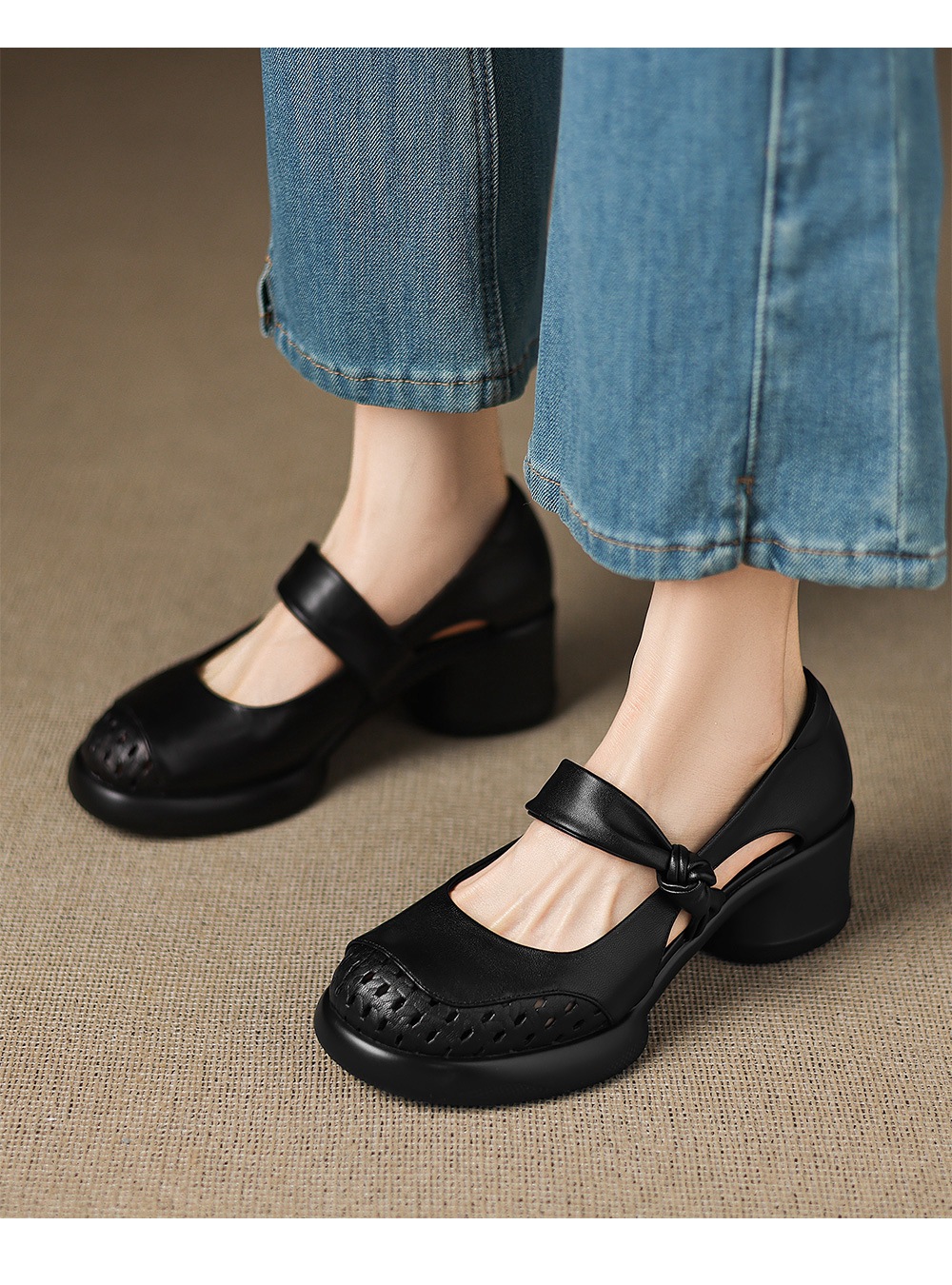 Giày sandal cao gót nữ quai ngang da bò mũi kín gót dày — đen chi tiết 10