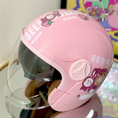 for Electric Bikes, Autumn and Winter | Motosiklet kaskı (dəbilqə) - pink-yangberry-rabbit-qi-hd-anti-fog-double-mirror-model-new-national-standard-class-a-one-size-fits-all-55-60cm