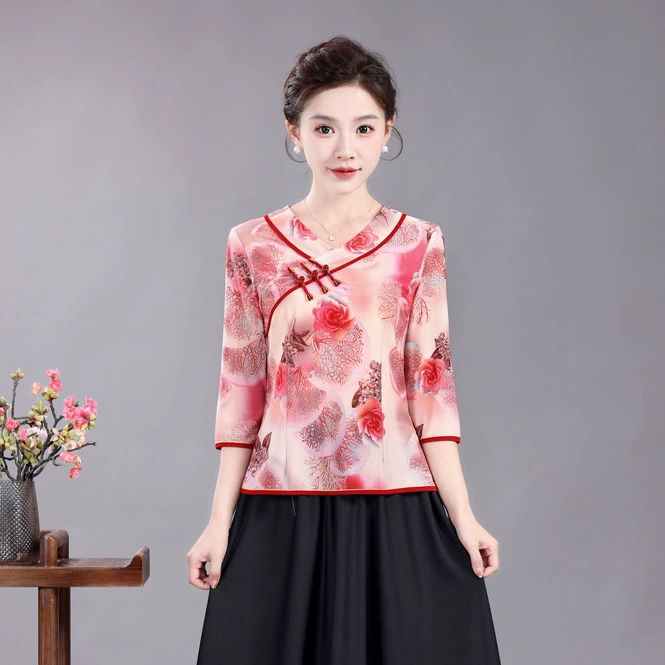 Новые летние топы-чонсамы в китайском стиле для мам среднего и пожилого возраста, футболки в стиле ретро в китайском стиле, рубашки с рукавами три четверти.