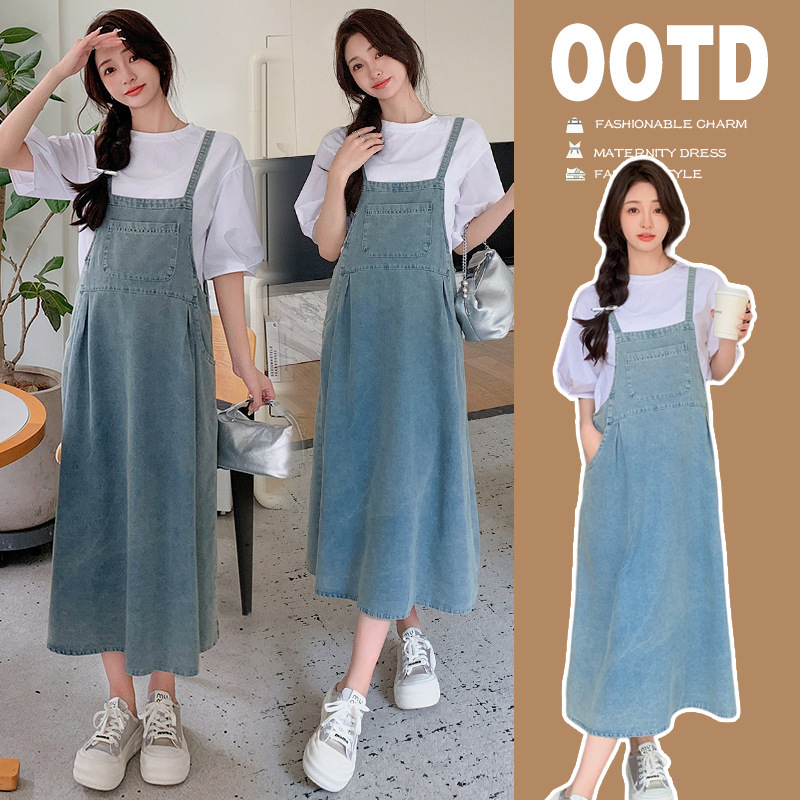 Maternity Wear Summer New Dress Retro Nostalgic Blue Korean Fashion Casual Denim Suspender Skirt + T-Shirt Suit