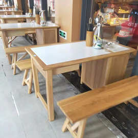 海南茶饮茶餐厅石英石包橡木边带抽屉餐桌实木条凳实木椅
