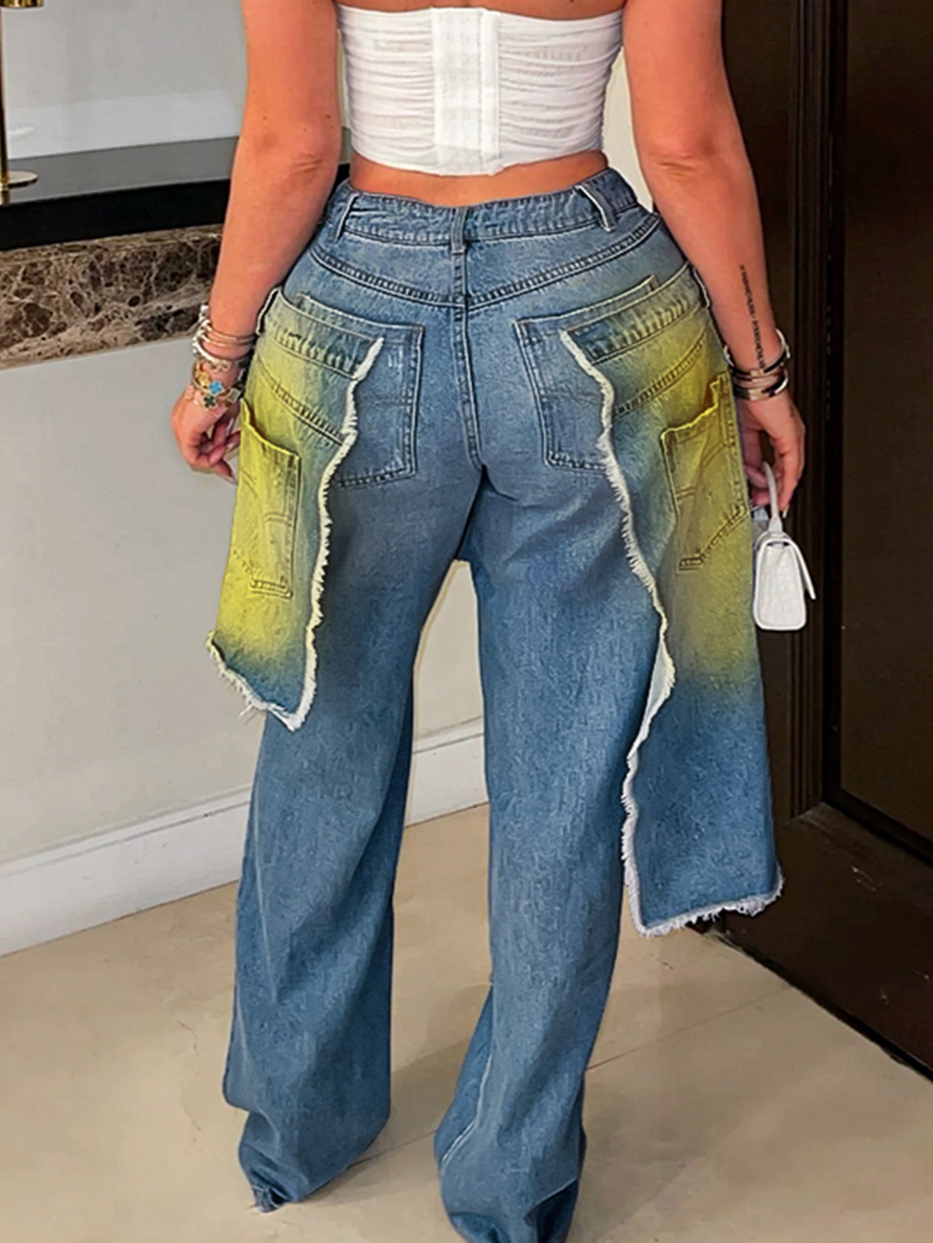 YL2568 Autumn/Winter European And American Women's Fashion Washed Ripped Spray-Dyed Loose Stretch Denim Patchwork_ecoleips.com