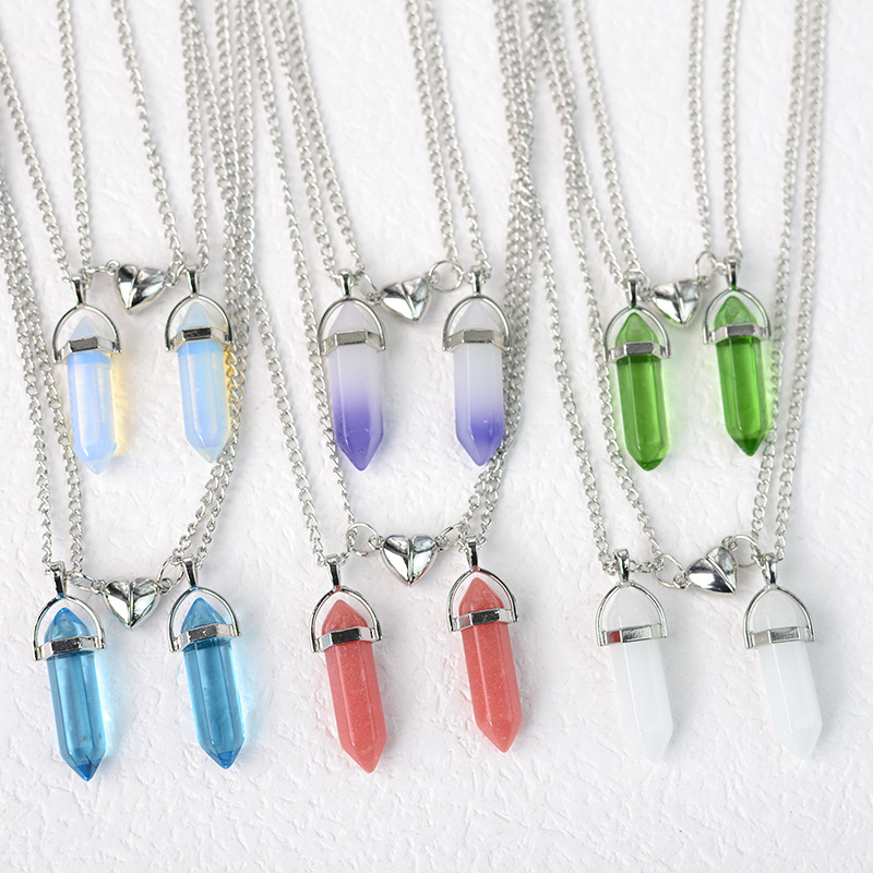 工厂直销天然石头不锈钢项链六角柱吊坠爱心磁铁石情侣好朋友项链