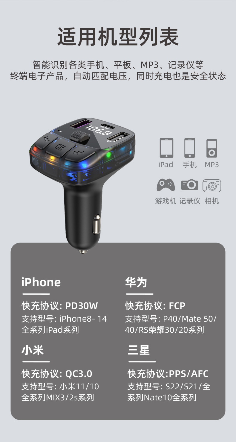 New C57 Car Mp3 Player Atmosphere Light Effect Pd30W Fast Charging Bluetooth Hands-Free Fm Transmitter Car Mp3