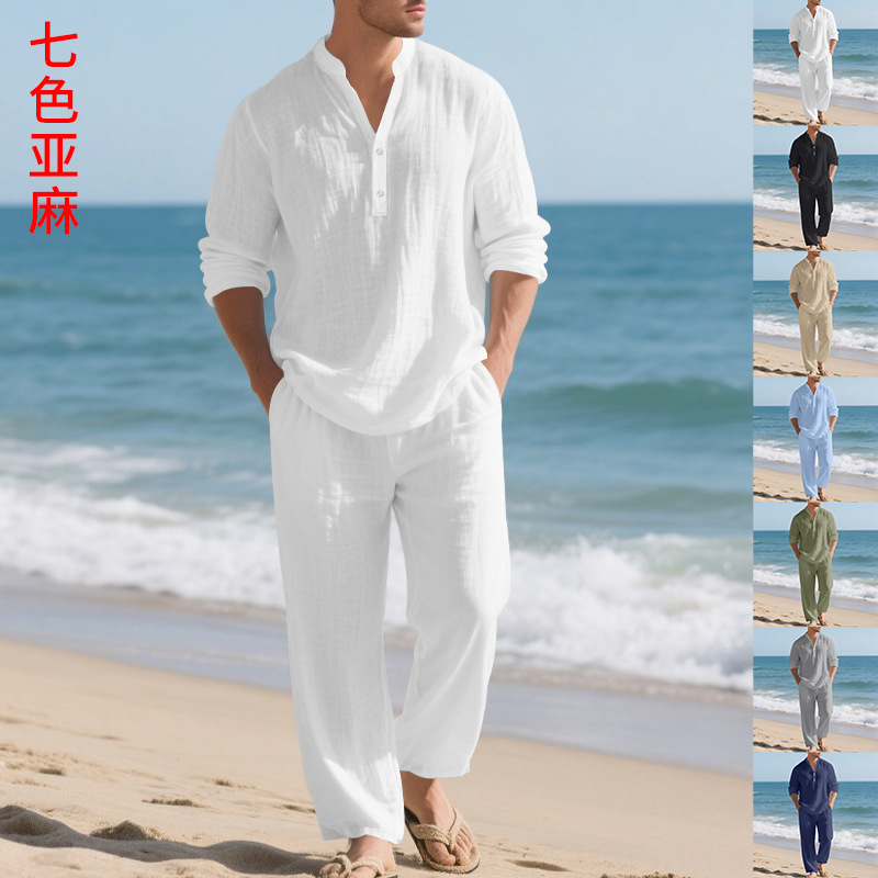 Cross-Border Independent Station Linen Autumn New Men's Loose Casual Breathable V-Neck Henley Shirt Long-Sleeve Long Pants Set