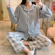 皱布AB版方格月子服春夏新款纯棉纱布产后喂奶哺乳睡衣大码孕妇