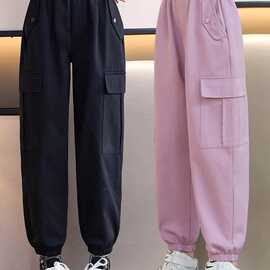 美式高街痞帅工装裤女童2024秋冬季港风直筒裤潮牌百搭休闲长裤