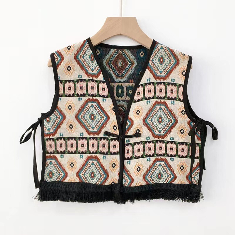 Niche Vintage Ethnic Style Embroidered Vest Geometric Spring and Autumn Matching Skirt Coat Bohemian Tassel Cardigan Women