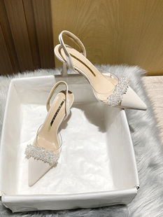 Covered Toe Sandals Women's Spring and Summer 2023 New French Transparent Pointed Small Heel White High Heels Stiletto Heel Shoes