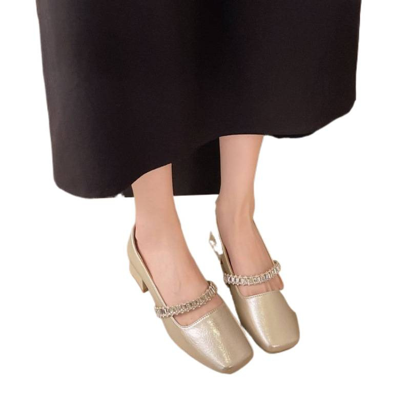 Champagne francés con zapatos de mujer de talón grueso 2026 primavera nueva cabeza cuadrada de diamante de talón bajo zapatos simples poco profundos