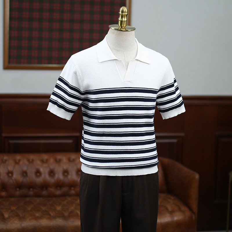 Polo camiseta de punto camiseta de manga corta hombre V-collar gaviota rayas viejas camiseta de hielo de viento de verano fábrica transfronteriza al por mayor