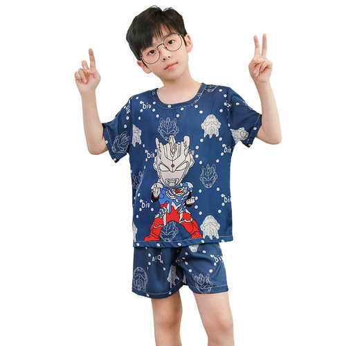 Children's Pajamas Boys Summer Ice Silk Boys Simulated Silk New Thin Medium and Large Children's Short-Sleeved Home Clothes Set