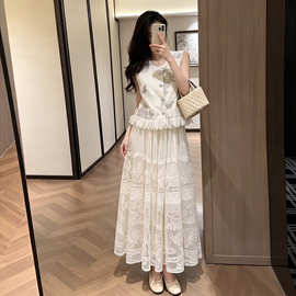 法式26夏季新款女装圆领无袖重工刺绣马甲上衣+蕾丝大摆半裙套装