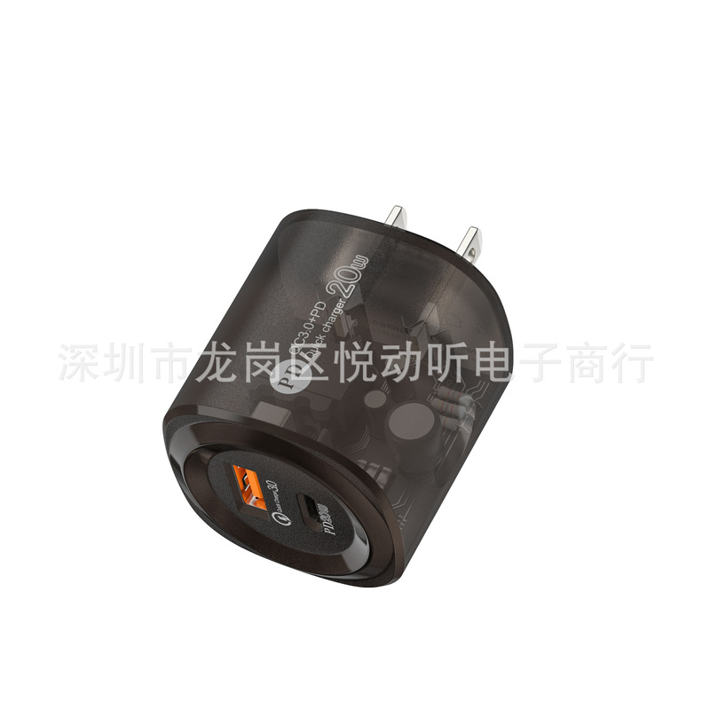 Transparent square PC shell a c wall type wall charging travel 1usb 1pd charger 12w 20w fast charging head