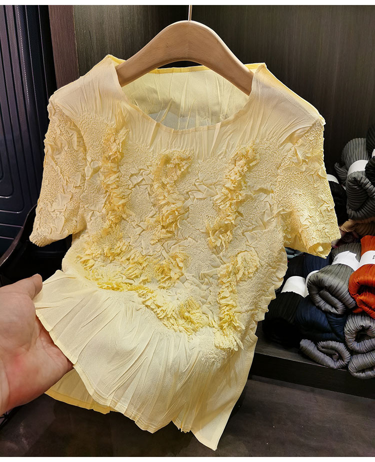 Áo thun cổ tròn xếp ly thủ công tay ngắn ôm sát đa năng màu trơn mùa hè — Màu xanh, Màu đen, Màu tím hồng, Màu hồng chi tiết 7