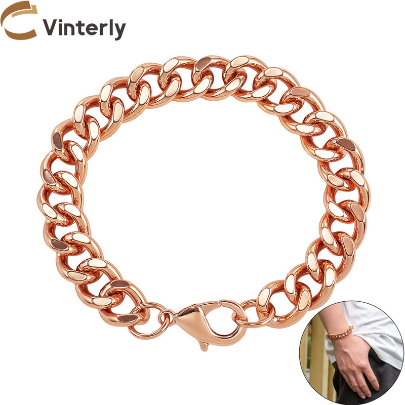 Cross-Border E-Commerce Amazon Aliexpress Pure Red Copper Cuban Bracelet 12mm Rose Gold Jewelry European and American Men's Dropshipping