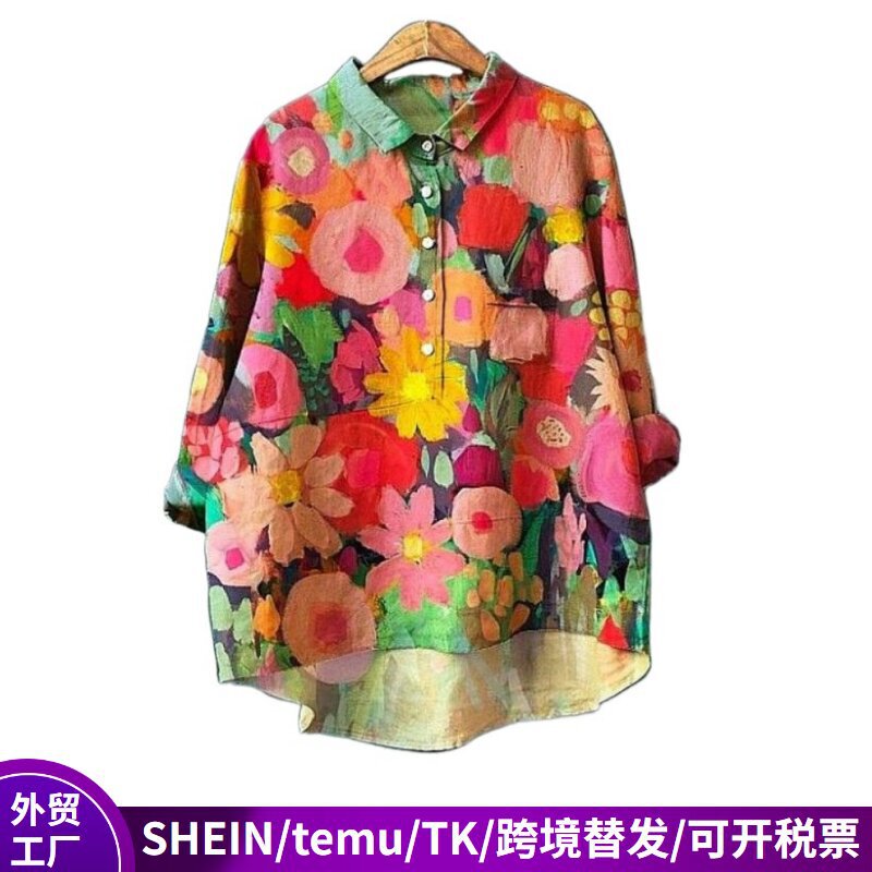Foreign Trade Heat Transfer 3D Stereo Pattern Long-Sleeved Button Women's Shirt Retro Literary Loose Shirt Hong Kong Style Top