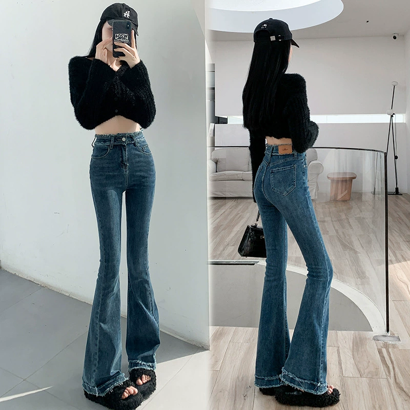 2023 новые милые крутые горячие девушки кожаные брендовые узкие джинсы брюки для девочек с потертыми краями Суперэластичные универсальные расклешенные брюки