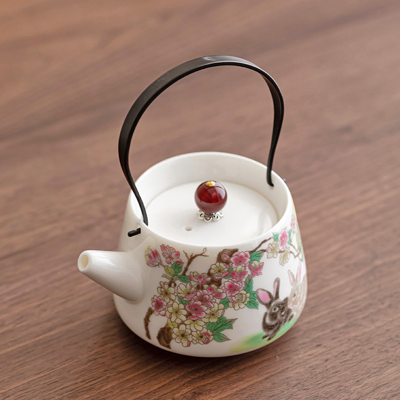 羊脂玉瓷提梁壶功夫茶具泡茶器单壶过滤球孔不烫手陶瓷兔子茶壶