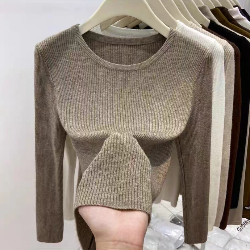 品牌折扣女装剪标外贸圆领坑条针织衫上衣女春秋洋气内搭打底衫潮