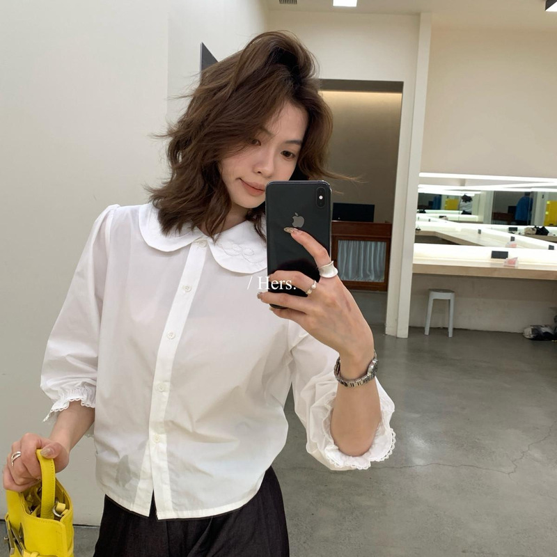 Hers Sweet Spring and Summer Korean Style Simple Daily Commuting Bow Embroidery Doll Collar Long Sleeve Shirt 80298 Hers Sweet Spring and Summer Korean Style Simple Daily Commuting Bow Embroidery Doll Collar Long Sleeve Shirt 80298