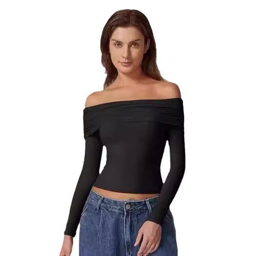 Cross-border European and American women's clothing top women's t-shirt one-shoulder pure desire style long-sleeved milk silk base shirt for women with a sense of elegance