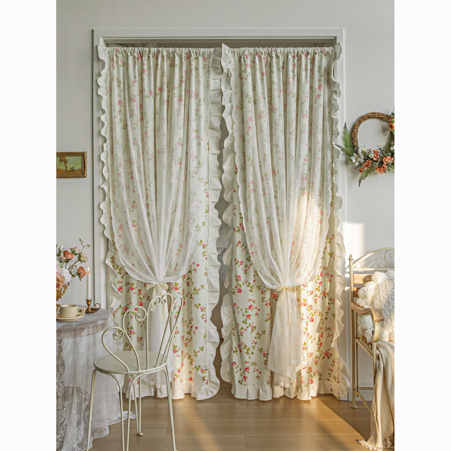 R5X Double-Layer Lace Door Curtain Curtain Partition Curtain French American Pastoral Floral Small Fresh Punch-Free Floating Curtain