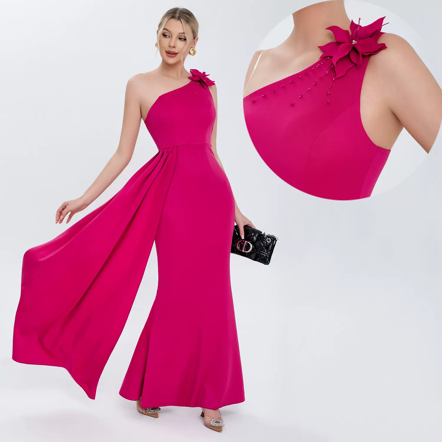 新款婚纱宴会时尚斜肩立体花连衣裙名媛派对拼接不规则收腰晚礼服