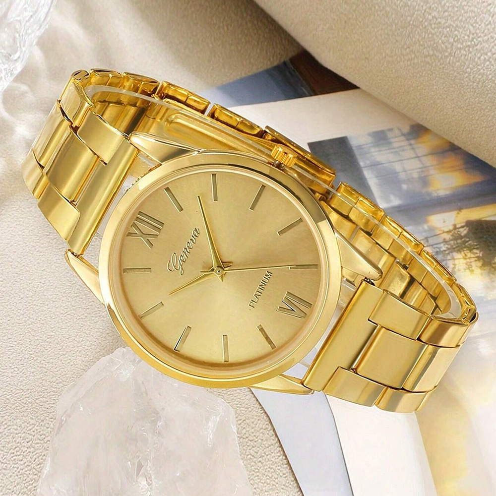 Ventas transfronterizas calientes oro reloj de cara romana pulsera damas 4 piezas conjunto de reloj de cuarzo de acero reloj de aleación de alta calidad image 3
