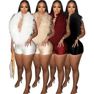 HR25026 European and American Fashion Casual Women's Elegant Feather Deep V Hanging Neck Sexy Fashion Jumpsuit Shorts for Women