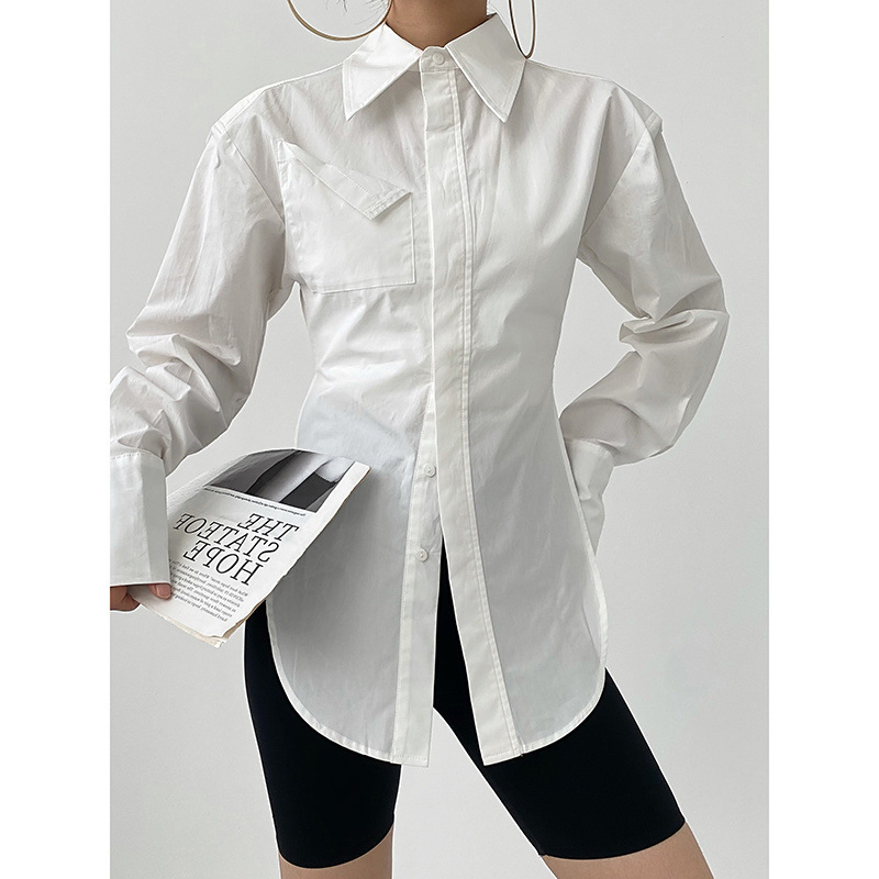 2025 Spring and Autumn Niche Polo Collar Workplace Temperament Niche Shirt French Turn-Down Pocket Casual Slit Shirt for Women 2025 Spring and Autumn Niche Polo Collar Workplace Temperament Niche Shirt French Turn-Down Pocket Casual Slit Shirt for Women