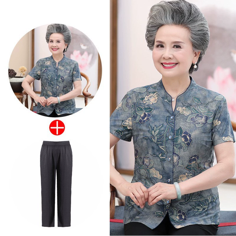 Среднего и пожилого возраста летняя одежда бабушки с короткими рукавами рубашка старая мама искусственный шелковый набор пожилой одежды лето