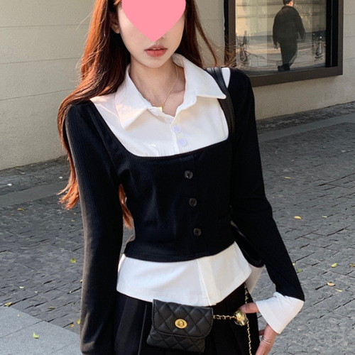 Spring new sweet and spicy college style contrasting fake two-piece tops for women's design, slim and long-sleeved T-shirt