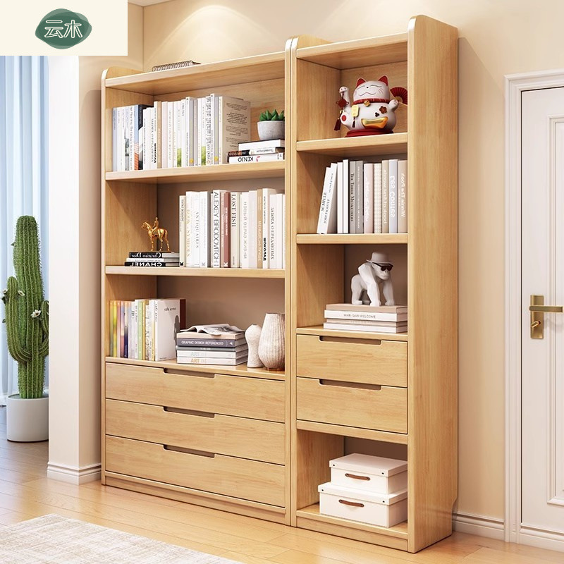 Simple Storage Rack Solid Wood Bookcase Home Combination Floor-Standing Wall Storage Cabinet Study Living Room Bookcase Student Bookshelf